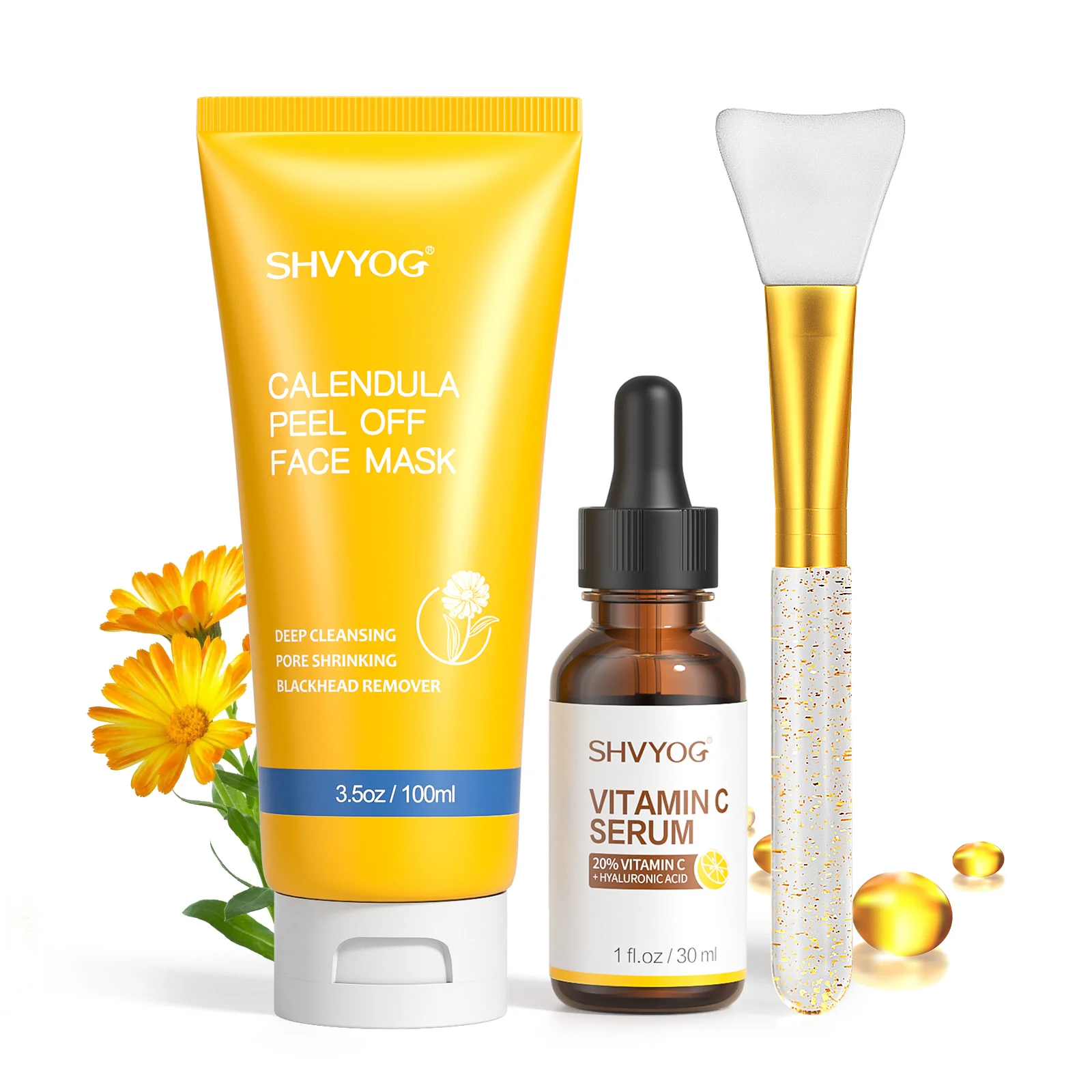 

Marigold 3 to 1 go black contain vitamin C serum and brush purify and deep clean Calendula mask (100 grams +30 ml)