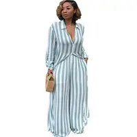 

2019 new Casual 2 Pieces Set Women Stripe print long t shirt Top + Loose drape wide-leg pants XXXL Plus Size set