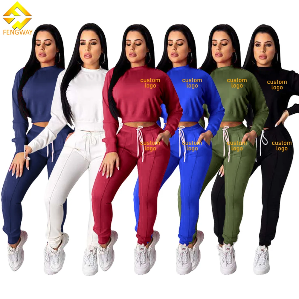 

Fall 2021 Women Clothes Sets Blank Sweat Tracksuit Wholesale Custom Logo Casual Crop Top Pant Set Two Piece Pants Set, Picture