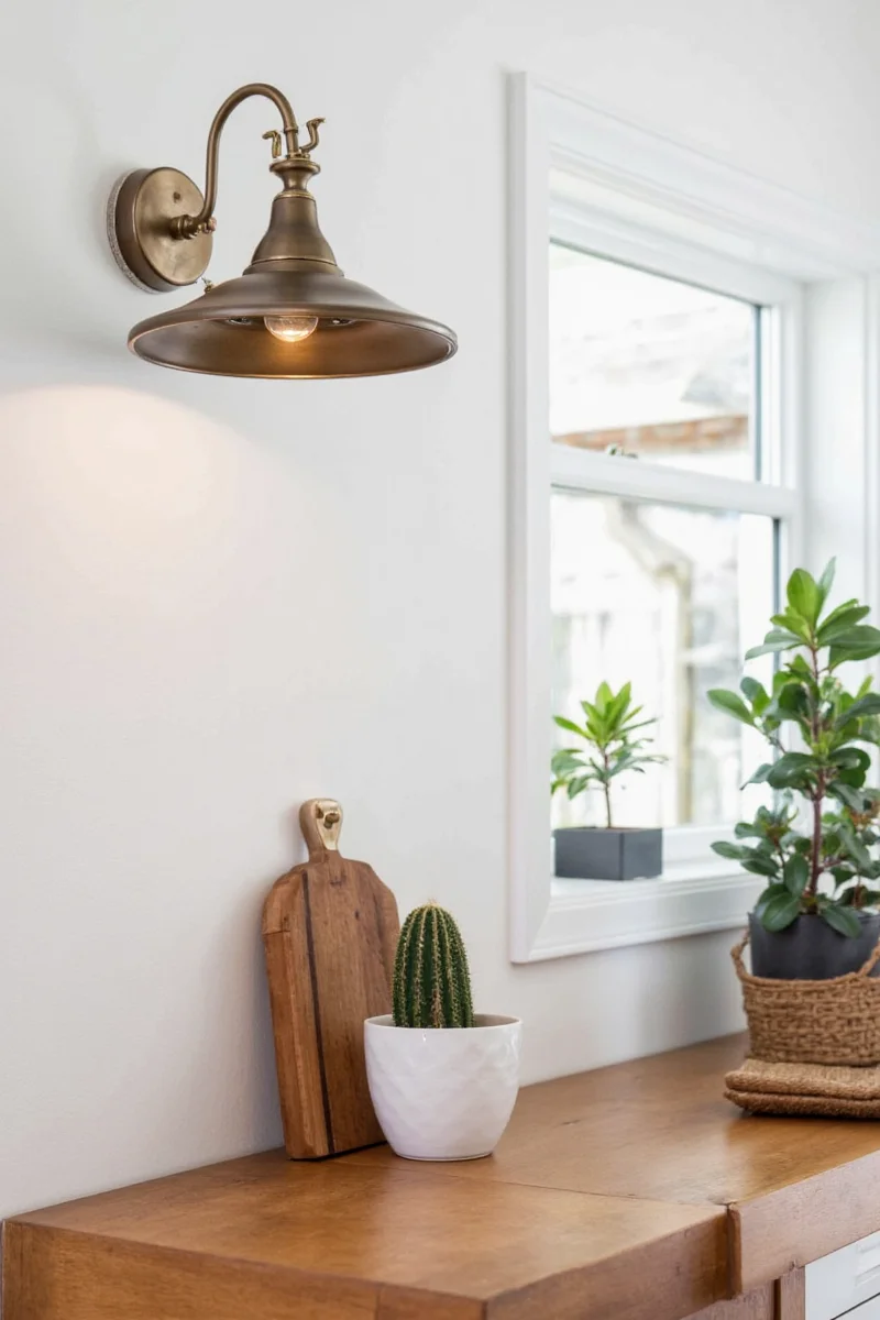 Farmhouse style lantern wall sconce in kitchen