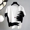 Summer Women Thin Knitted Short Sleeve Sweater Pullovers Patchwork Basic Tops