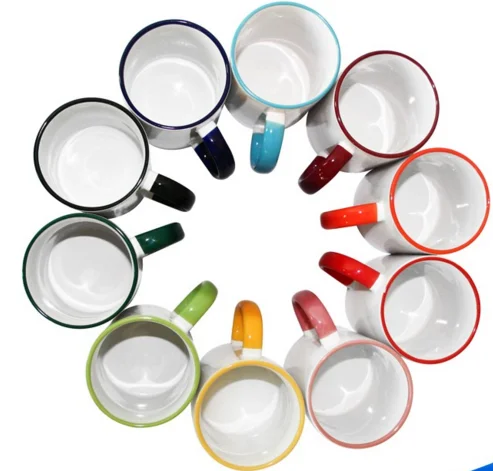 

High Quality 11oz Sublimation Coffee Travel Color Rim White Mug Wholesale, 10 colors