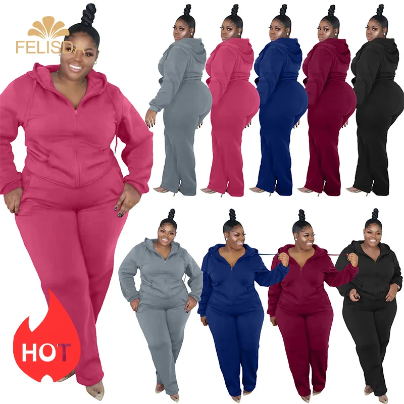 

In Stock Women Plus Size Tracksuit Jogging Suits 2 Piece Sweatsuit Sets Solid Cold Zipper Coat Long Sweatpants Track Suit