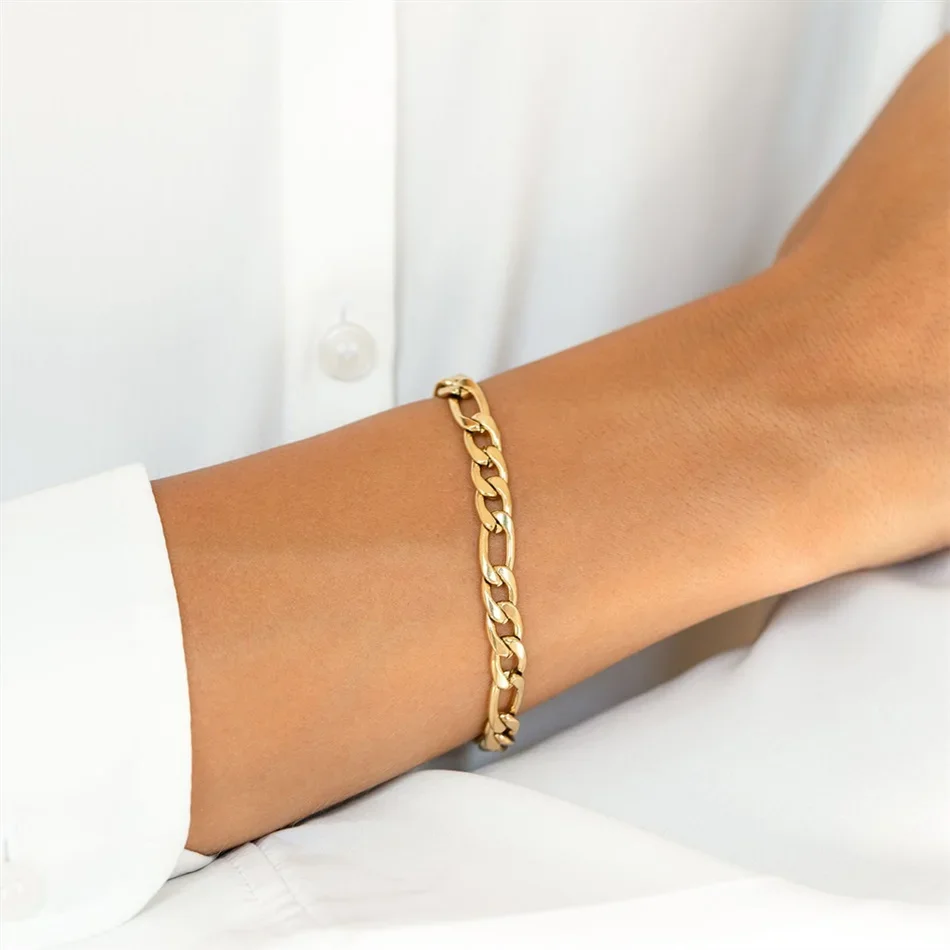 EManco Hip Hop Jewelry 14k Gold Plated Stainless Steel 4mm 6mm 8mm Figaro Link Chain Bracelet Men Women Wholesale
