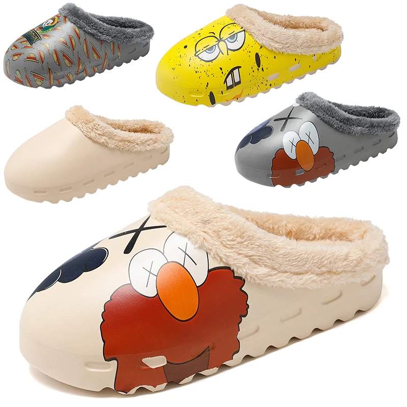 

Best Selling 2021 Winter Men Home Slippers Warm Plush Indoor Shoes Cute Cartoon Printed Women House Flats 7 Colors Unisex