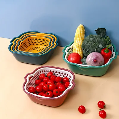 

Plastic sink drain wash basin kitchen fruit vegetable washing drying storage basket drain basket, Yellow red blue green