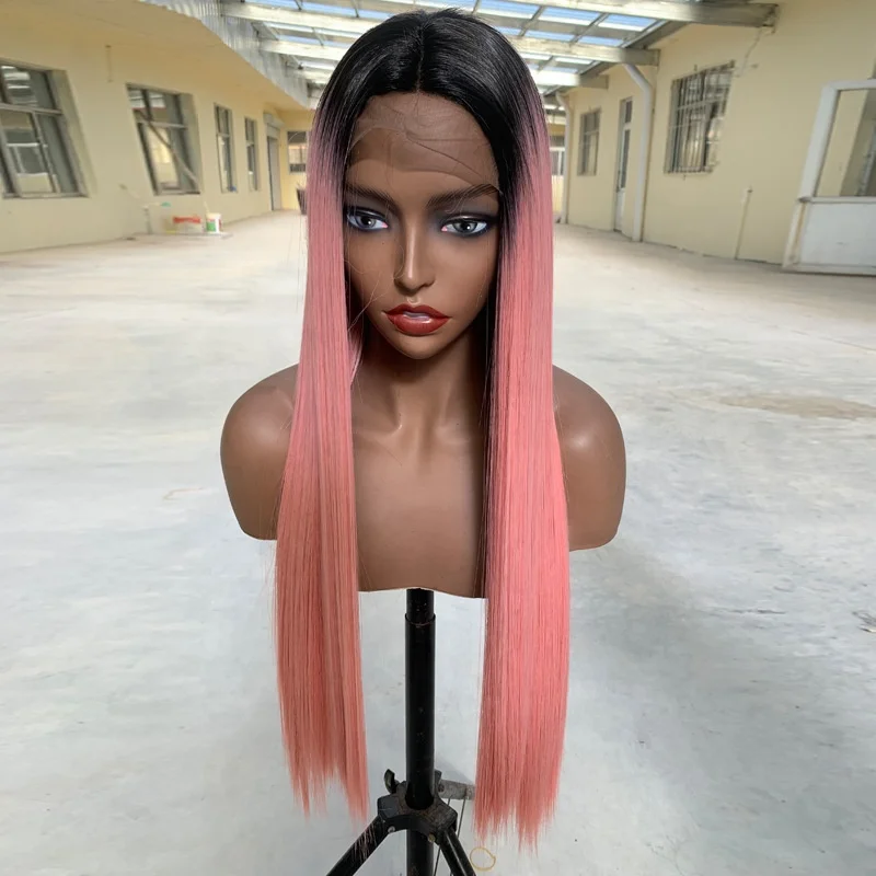 

Front Lace Gradient Pink Silky Long Straight Synthetic Wig Handmade Synthetic Wigs Headgear For Women, Pics