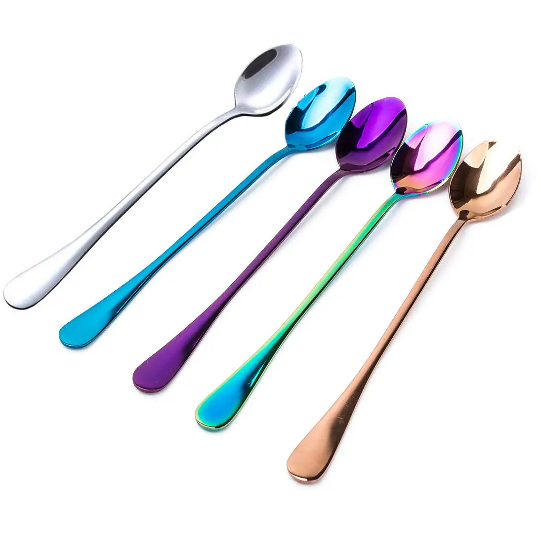 

Low MOQ Food Grade Colorful Metal Long Handle Tea Spoon Dessert Spoon Customized Ice Spoon, Silver/gold/rose gold/rainbow/black