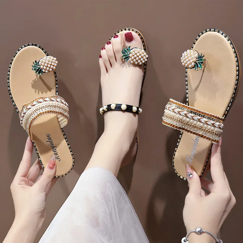 

Female Slipper Pineapple Pearl Flat Toe Bohemian Casual Beach Sandals Ladies Platform Shoes 2021 Designer Black Slides Wholesale, Black, sliver, gold