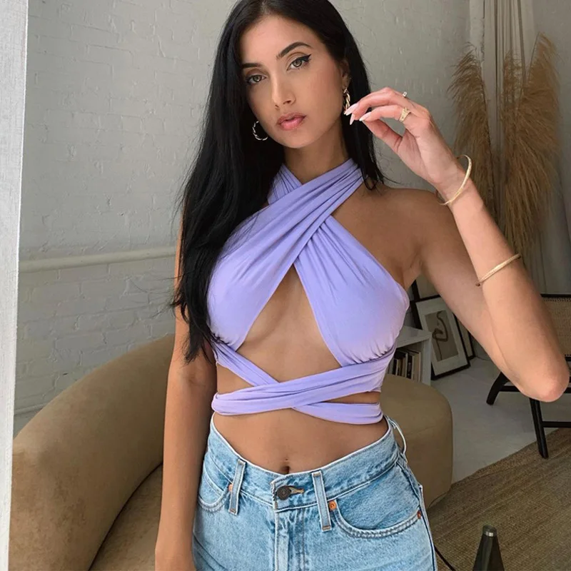 

Elastic Halter Sleeveless Tie Up Bandage Crop Top 2021Summer Female Trendy Tanks Ladies Streetwear Club Party Clothes