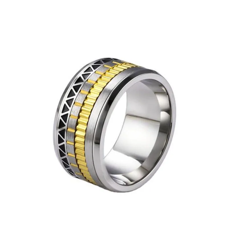 

Trendy Men Jewelry 12mm Wide Titanium Stainless Steel Carved Wedding Band Enamel Gear Pattern Ring, Silver/gold