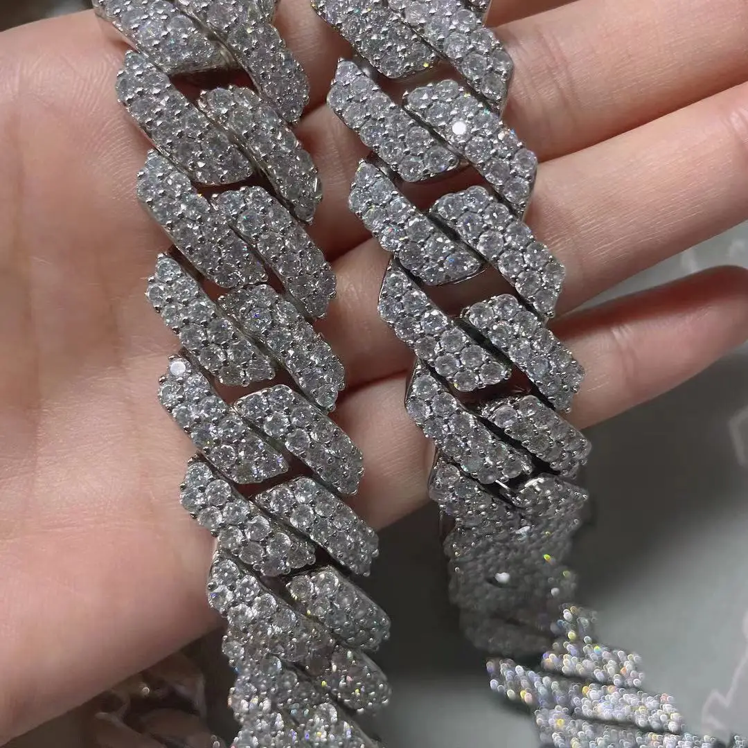 

Factory Manufacturer Hip Hop Bling Jewelry 14MM 20MM Iced Out Necklace New Copper Zircon Prong Cuban Link Chain Wholesale, Gold silver