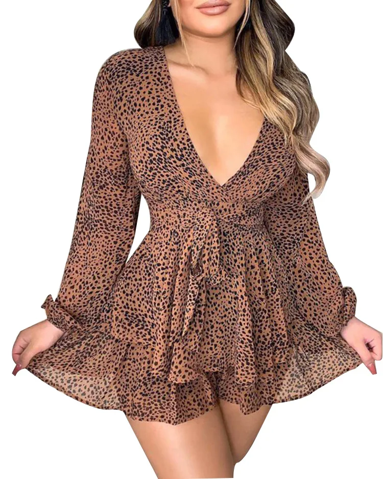 

Hot sale polyester extra large sexy transparent leopard print chiffon deep v neck ruffle dresses wholesale women dress one piece