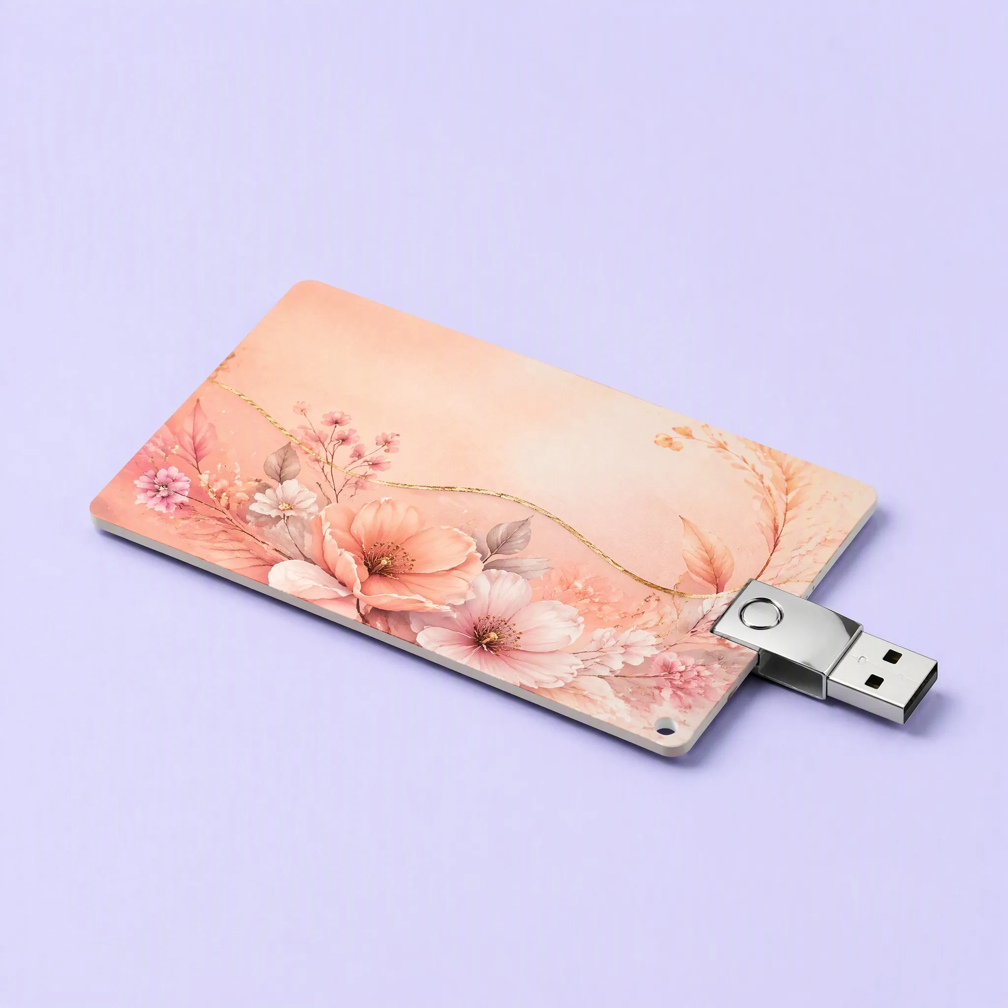 Ultra-Slim Credit Card USB Flash Drive with Peach Floral Watercolor Artwork and Extended Chrome Swivel Head