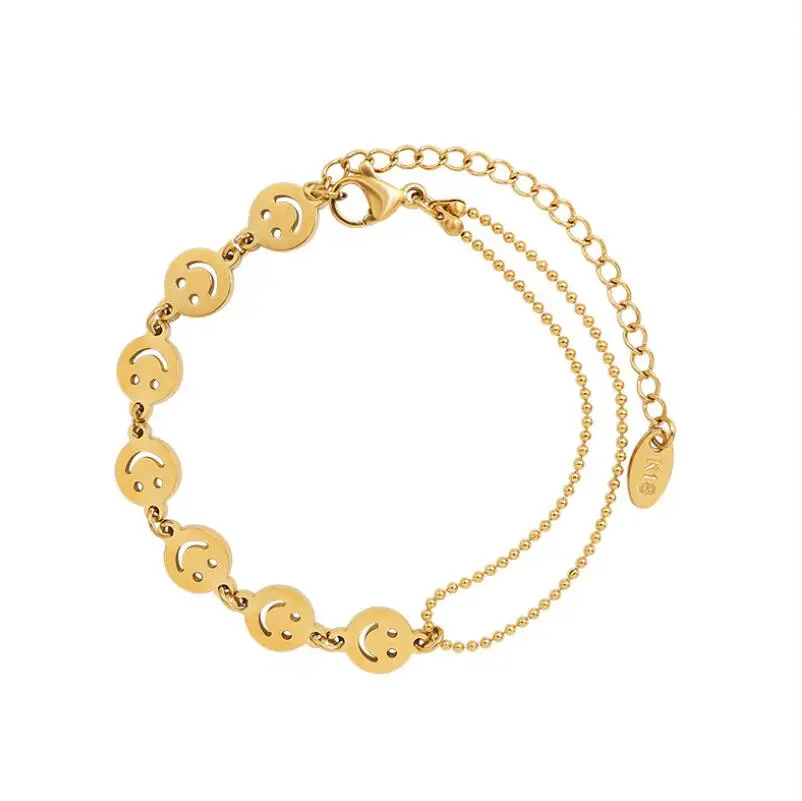 

Perfect Birthday Gift Stainless Steel Jewelry Women Good Luck Happy Face Disc Charm Cutout Smiley Bracelet