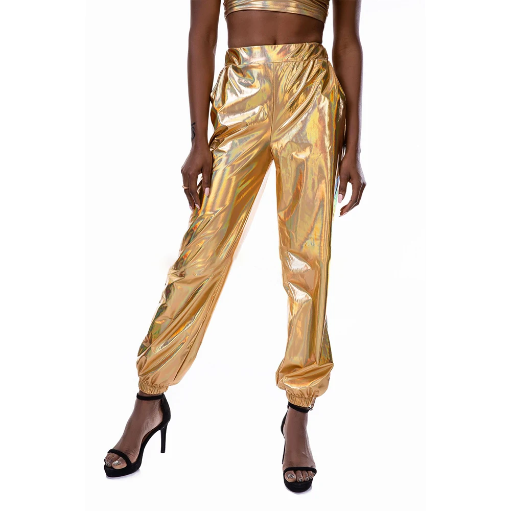 

2022 Wholesale new design streetwear hologram laser loose hip hop shiny trousers pants for women