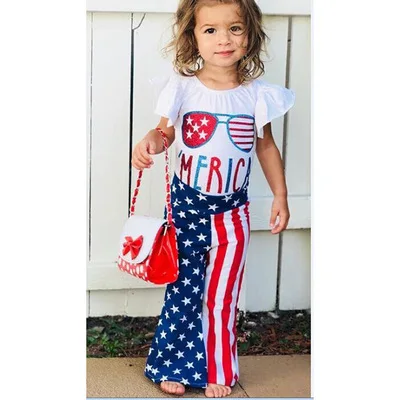 

F40599A the wholesale summer national flag print kids clothing set T-shirt +pants baby clothing girl for baby girl, As picture