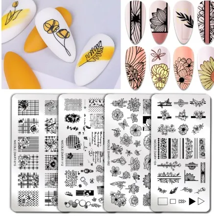 

private label Flower Nail Stamping Plates Leaf Stamp Templates Geometric Printing DIY Design Stencil Tools Nail Art Image Plate