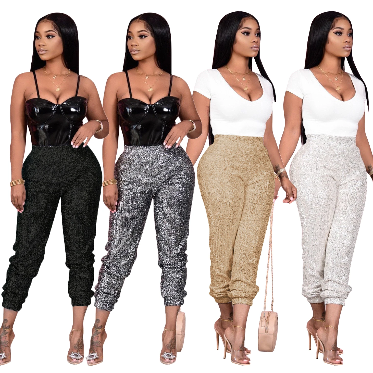 

CM800 2021 new arrival ladies pants full length sexy party club fashion sequins women clothing pants trousers