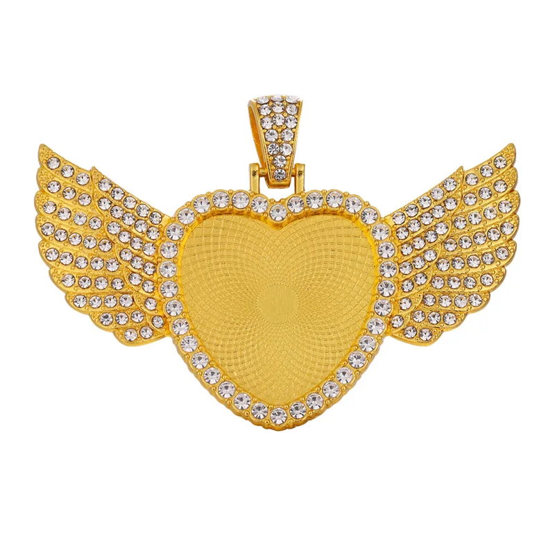 

25mm Heart Angel Wings Crystal Necklace Pendant Sublimation Rhinestone Blank Bezel Pendants Tray for Jewelry Making, Silver,kc gold,gold,etc