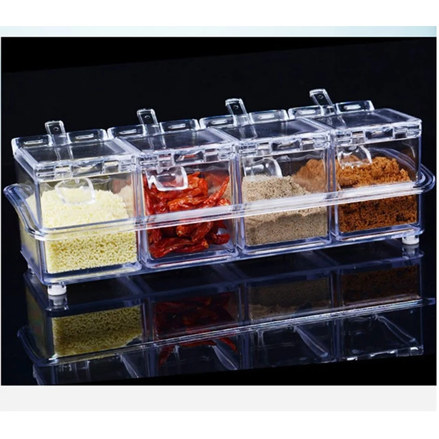 

Kitchen plastic Seasoning Rack Spice Pots 4 Piece Seasoning Box Storage Container Condiment Jars with Cover and Spoon