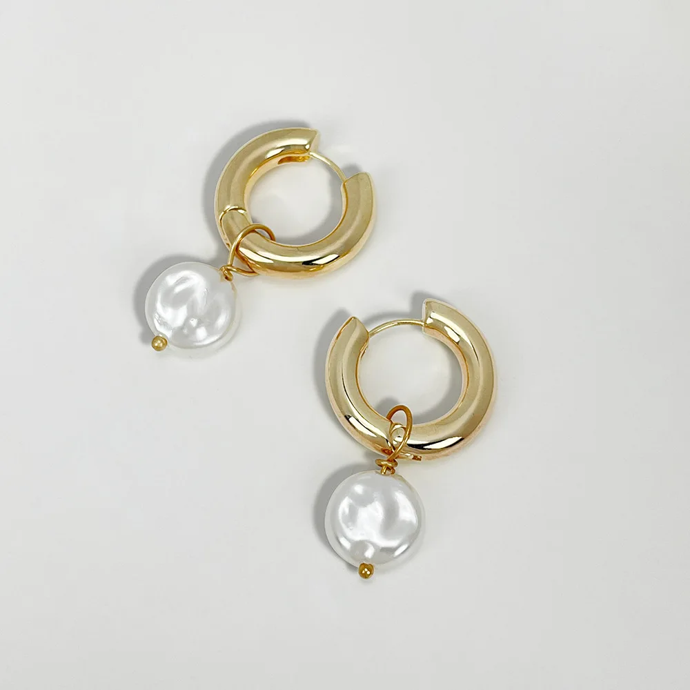 

Ins 18K Gold Plated Chunky Thick Hoop Earrings French Vintage Style Natural Baroque Pearl Drop Earrings for Women Party