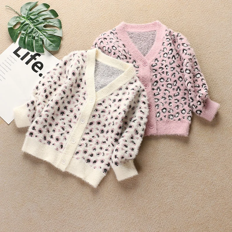 

B60306A autumn wholesale foreign style children's wear girl leopard print cardigan, White/pink