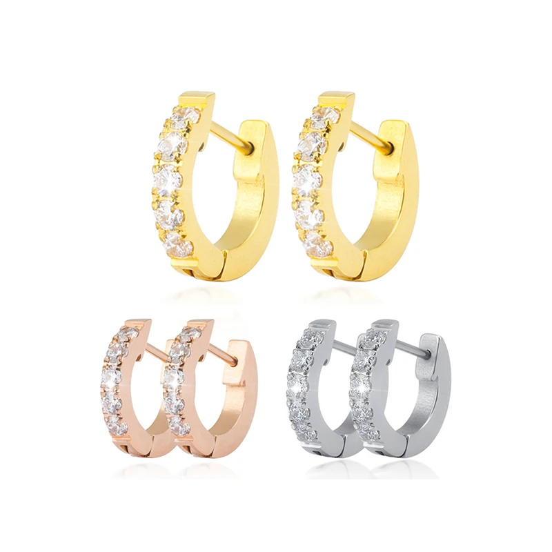 

Popular Styles Stainless Steel Earrings Set With 6 Or 7 White Zircons Wholesale Stock Earrings For Jewelry Women Earrings, Gold rose gold silver