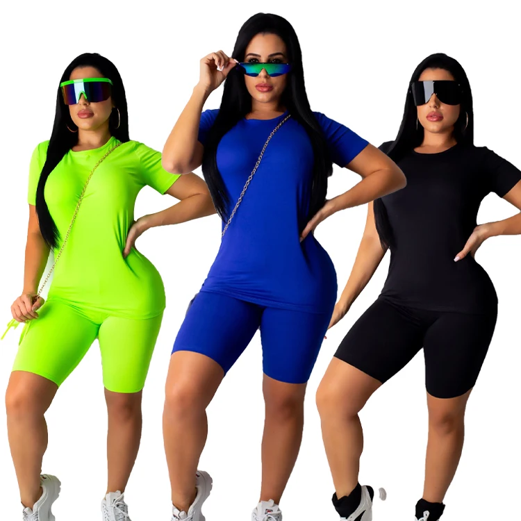 

Short Sleeve Elastic 2 Piece Set Women Neon Color Tracksuits Summer Shorts O Neck Tops Set Casual Sports Sets Streetwear, Black/blue/green