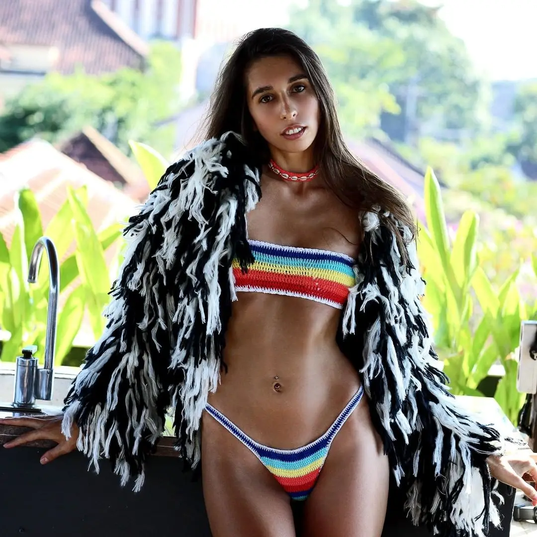 

Hand Crochet Bikini Set Women Beach elasticised tight fitting tube Swimwear Swimsuit Suit