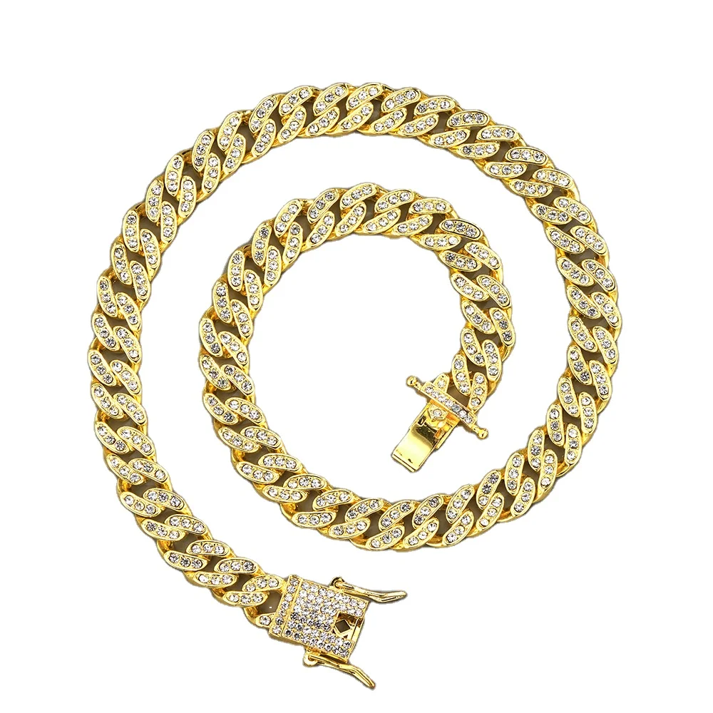 

18K gold 10mm premium hip hop alloy studded with diamonds Cuban chain rose goldFinish Hip Hop Necklace, Picture shows