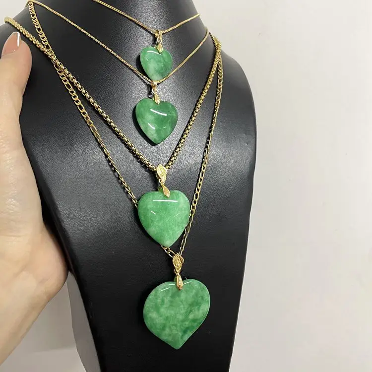 

Jialin Jewelry Solid Jade Heart Necklace New fashion gold plated green real natural jade heart pendants pink necklace