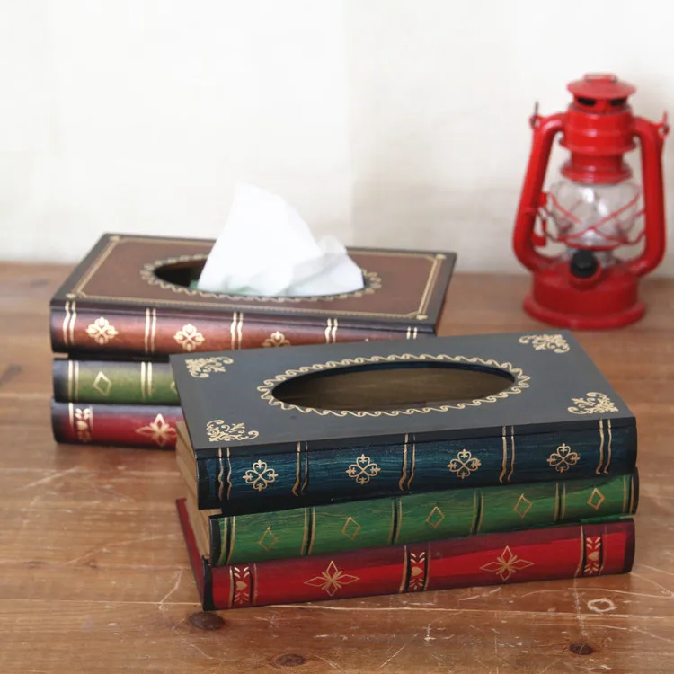 

Book Shape Tissue Box Luxurious Retro Style Fake Book Retangle Napkin Paper Holder Ring Wood Tissue Storage Box, Optional