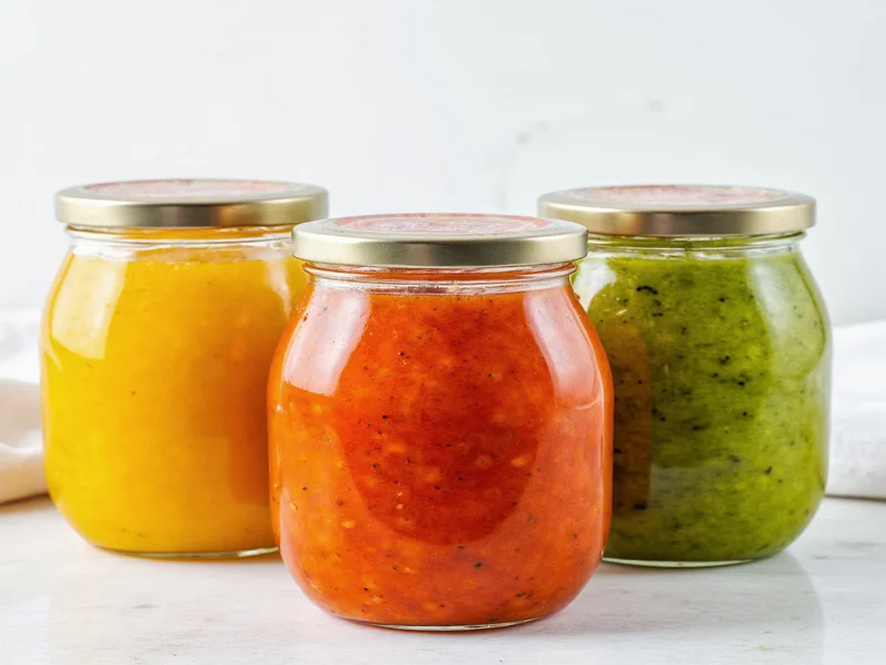 Three glass jars with colorful homemade salad dressings