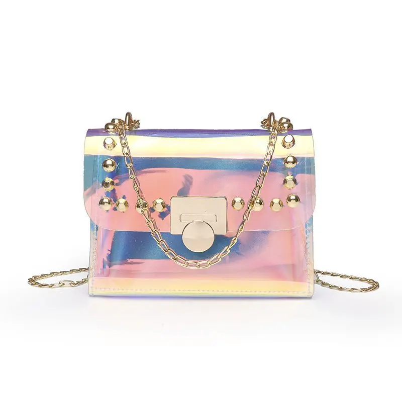 

2021 Colorful Clear Rivet Decor Square Gel bag chain shoulder crossbody fairy small square bag