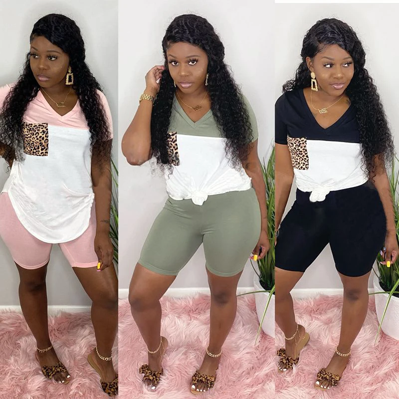 

Wholesale Women'S Spring And Summer New Striped Leopard Print Pocket Jacket Solid Color Pants Casual Set Woman Clothes, 5 colors