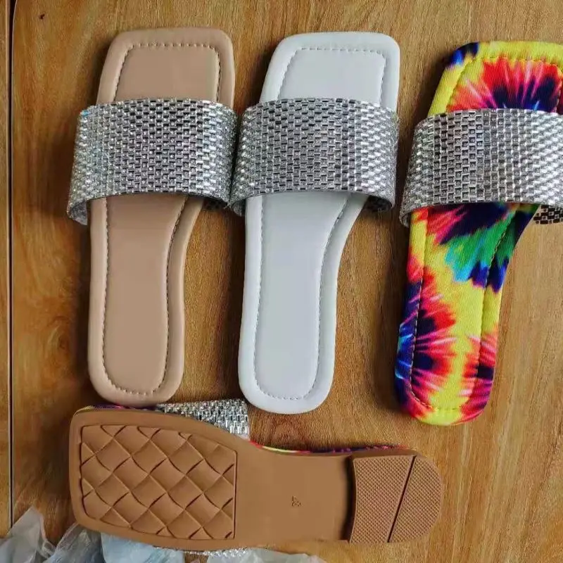 

2021 new arrivals shoes European American fashion casual print flat flat slippers women's sandal rhinestone Plus size, Picture colors