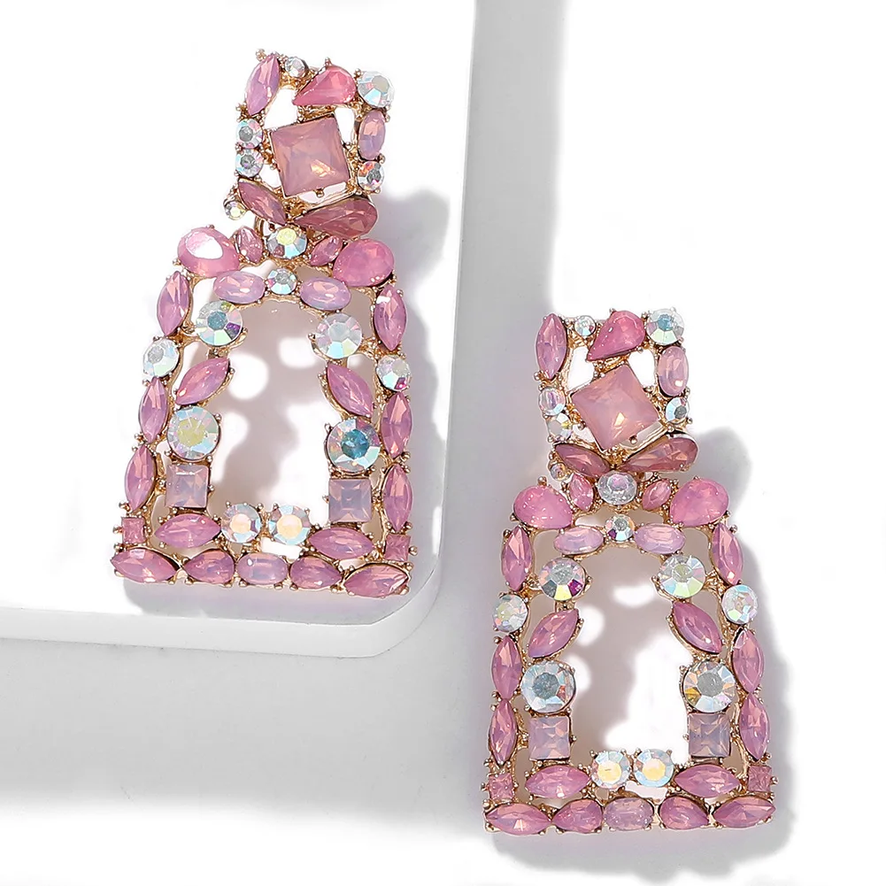 

New Style Trendy 2021 Bright Pink Crystal Drop Earrings Statement Geometric diamond square earrings Women's Jewelry