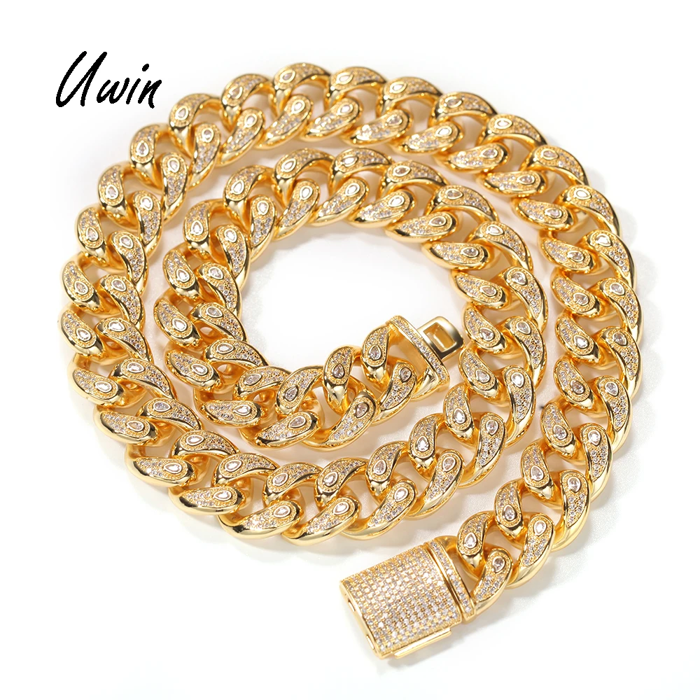 

2020 New Iced Out 15mm Miami Cuban Link Chain CZ Necklace Unisex Rapper Jewelry for Men Women, Silver, gold or custom for you