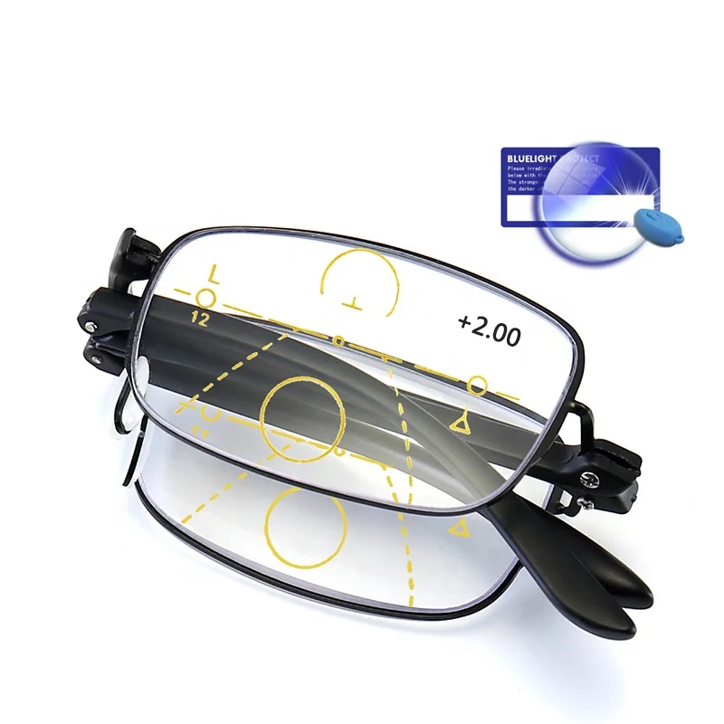 

High grade presbyopic anti-blue ray lens unisex folding metal frame multifocal progressive reading glasses