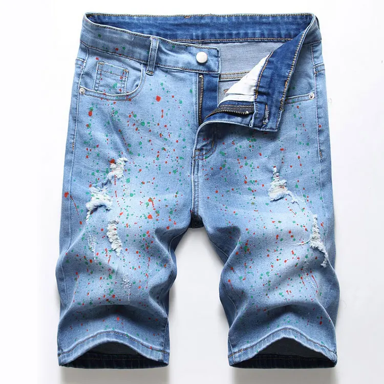 

Latest Summer Colorful Ripped Hole Denim Paint Spraying Dots Jean Shorts Men