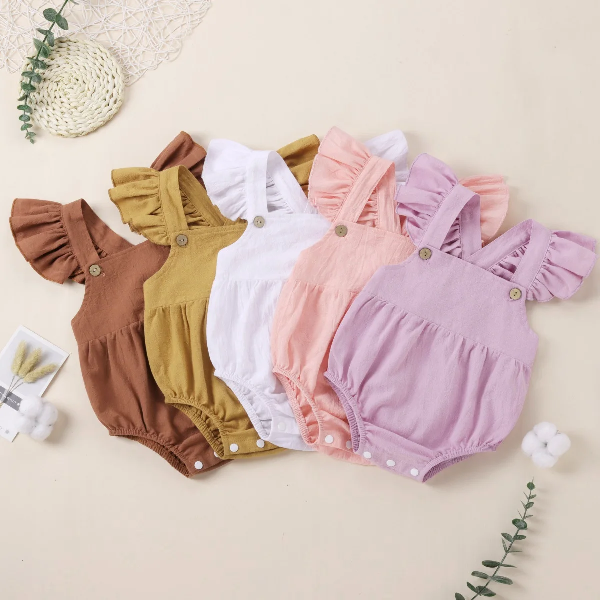

Newborn Baby Girl Romper Infant Solid Color Pleated Jumpsuit Flying Ruffled Sleeve One-piece Garment for Baby, As picture