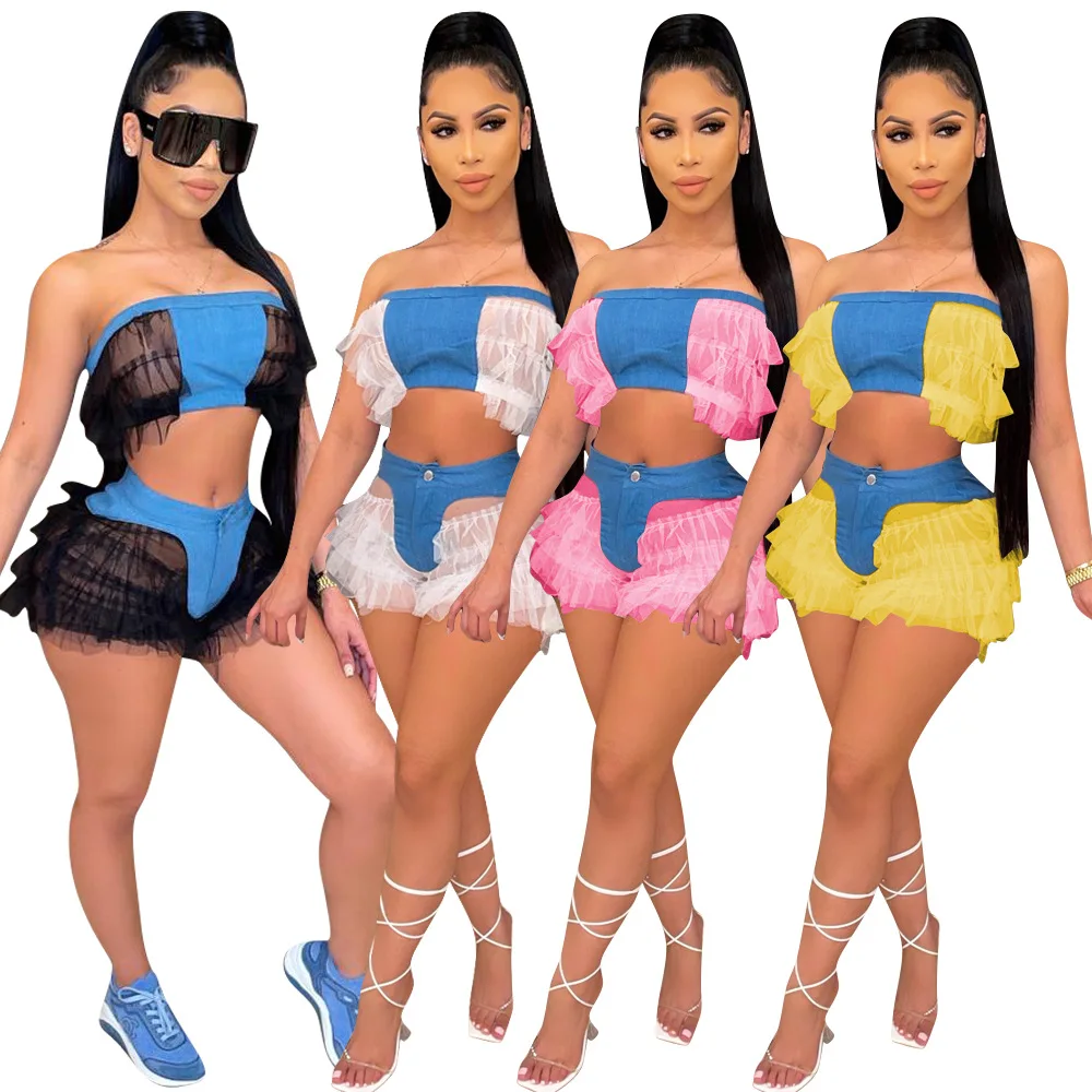 

Women High Elastic Denim Wrapped Chest Stitching mesh Lace Cupped Sexy Two-piece Pants Suit, Customized colors