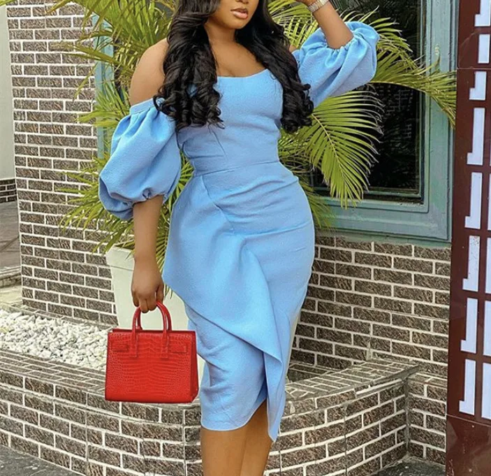 

Sexy Bodycon Off Shoulder Ruffle Lantern Sleeves Women Club Dresses, Sky blue