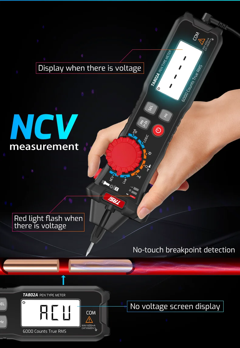 TASI Pen Type Multimeter with NCV Function, Non Contact Voltage Tester Multimeter Pen TA802A