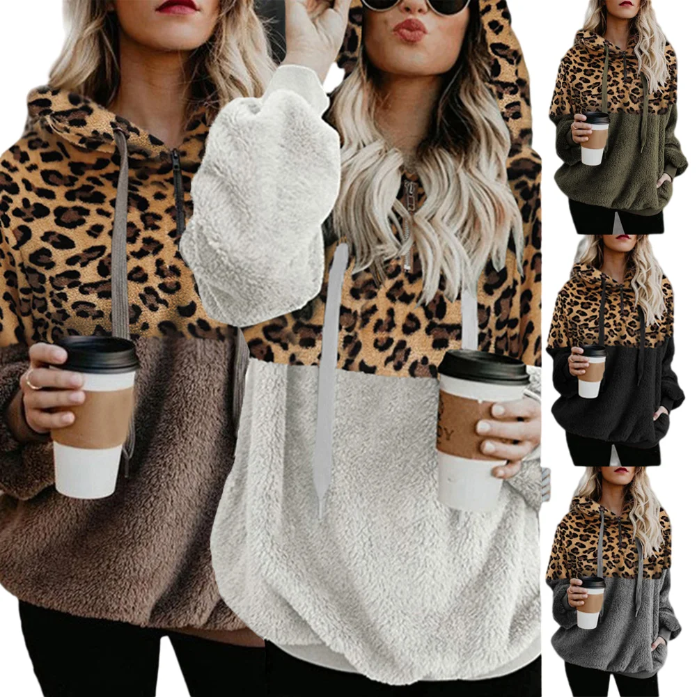

2022 Custom Velvet Hoodie Leopard Pullover Zip Pocket Pullover Women Autumn Tie Dye Plush Fleece Hoodies