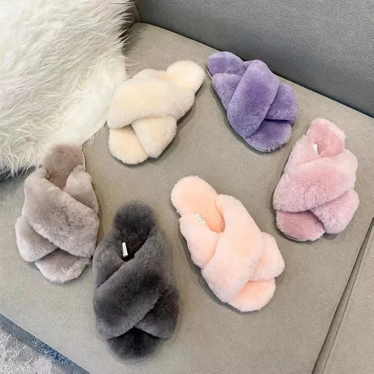 

OEM women's slippers sheepskin fur wool upper slides slippers new design Cross uppers shoes for women