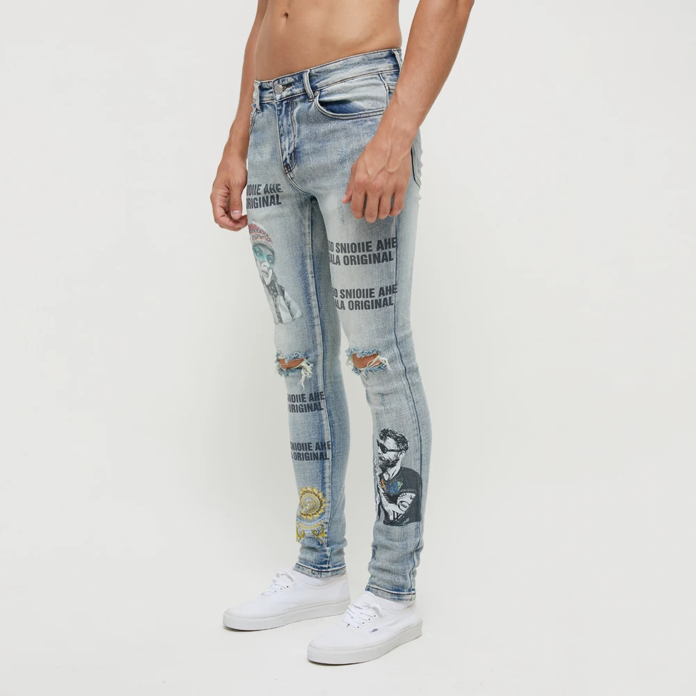 DiZNEW Custom Digital Print Brand logo Fashion Mens Jeans Wholesales Slim Light Blue Distressed Wash Denim Pants manufacture