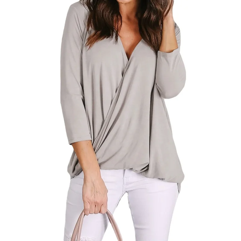 

Wholesale Solid V-neck Wrap Hi-lo Hem Front Short Back Long Loose Blouse