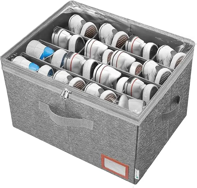 Wholesale 16-Pair Rectangular Foldable Shoe Bin with Clear Cover and Adjustable Handle Closet Shoe Organizer